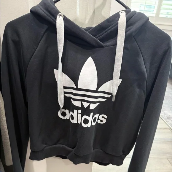 Adidas Black Hoodie Crop with White Drawstrings - Picture 1 of 5